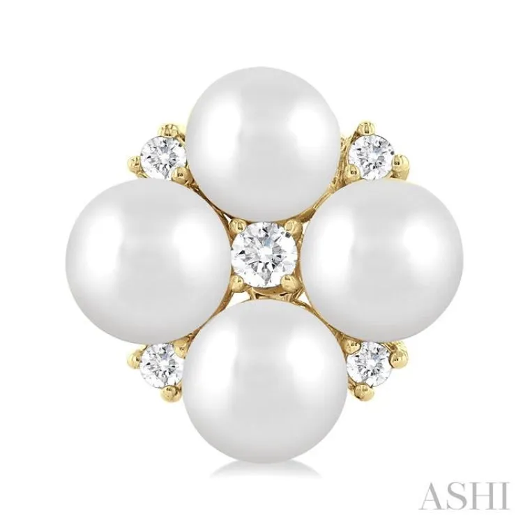 4 MM Round Shape Floral Cultured Pearls and 1/10 ctw Round Cut Diamond Fashion Stud Earring in 10K Yellow Gold