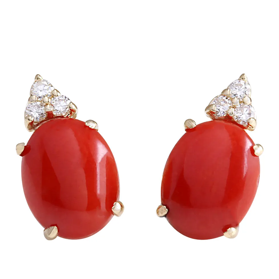 4.34 Carat Natural Coral 14K Yellow Gold Diamond Earrings