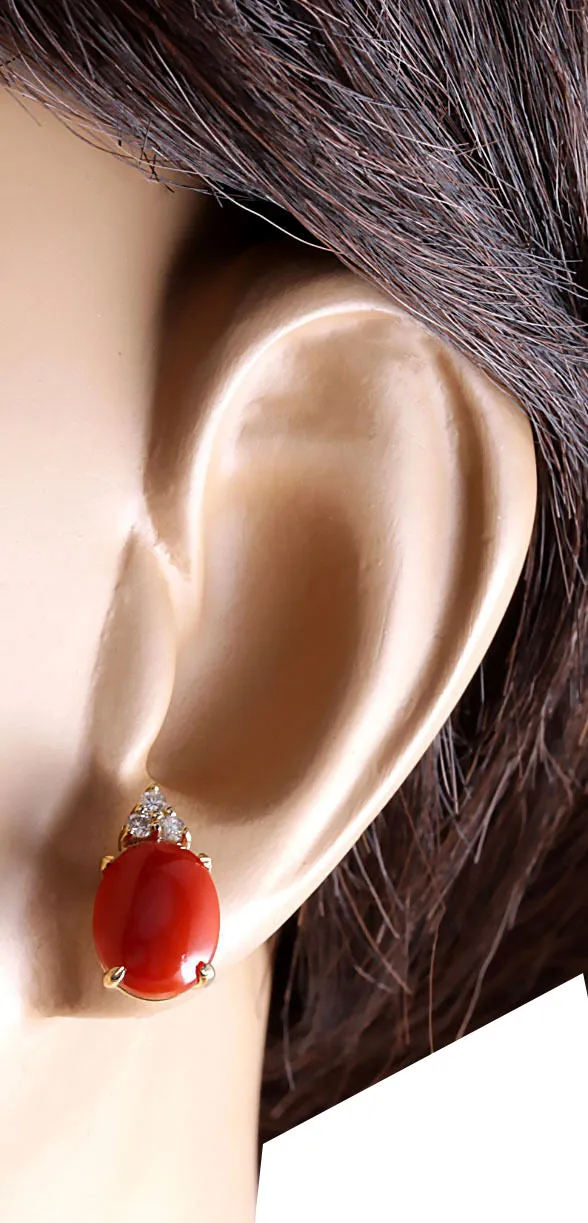4.34 Carat Natural Coral 14K Yellow Gold Diamond Earrings