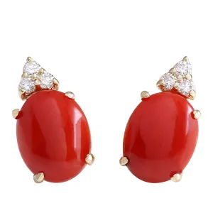 4.34 Carat Natural Coral 14K Yellow Gold Diamond Earrings