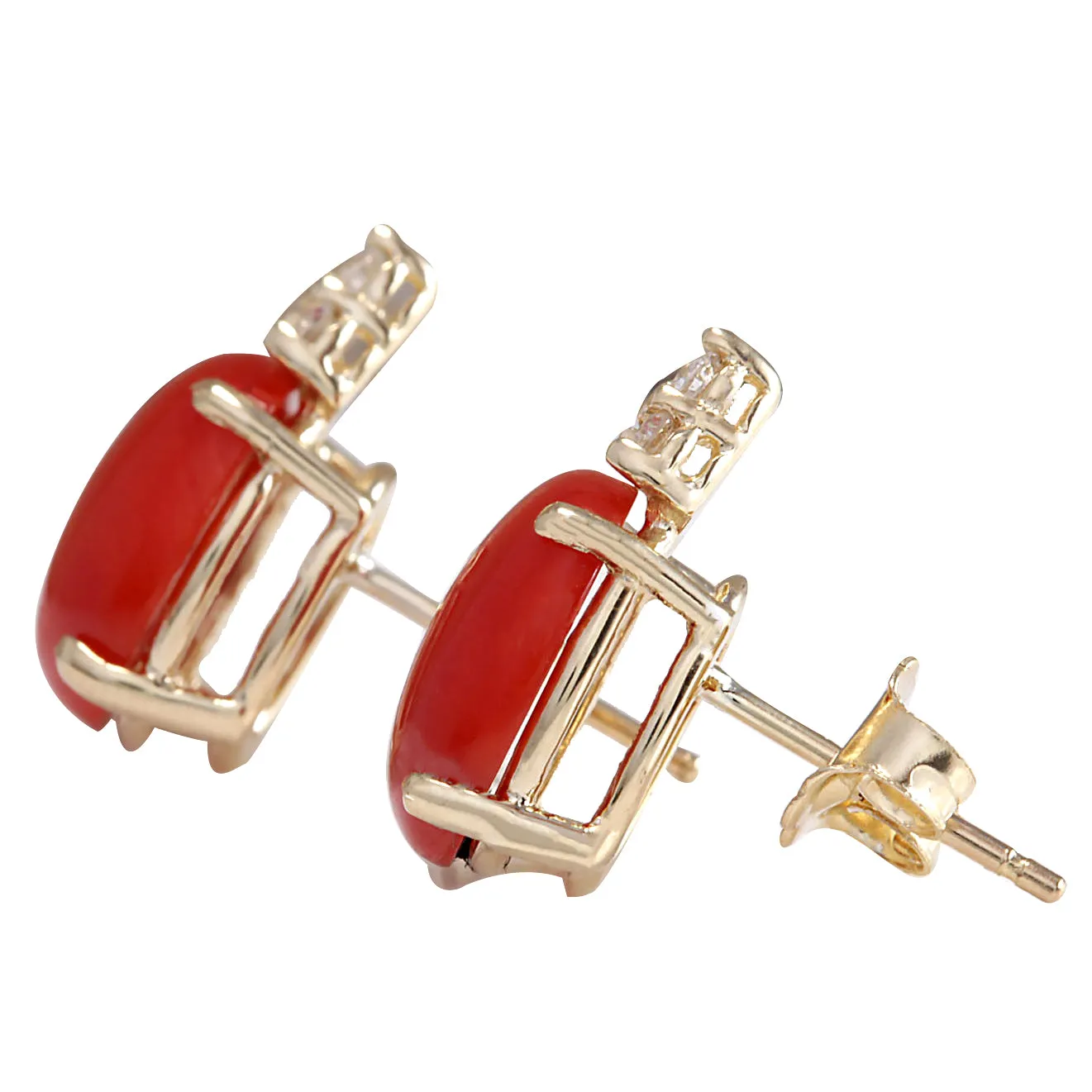 4.34 Carat Natural Coral 14K Yellow Gold Diamond Earrings