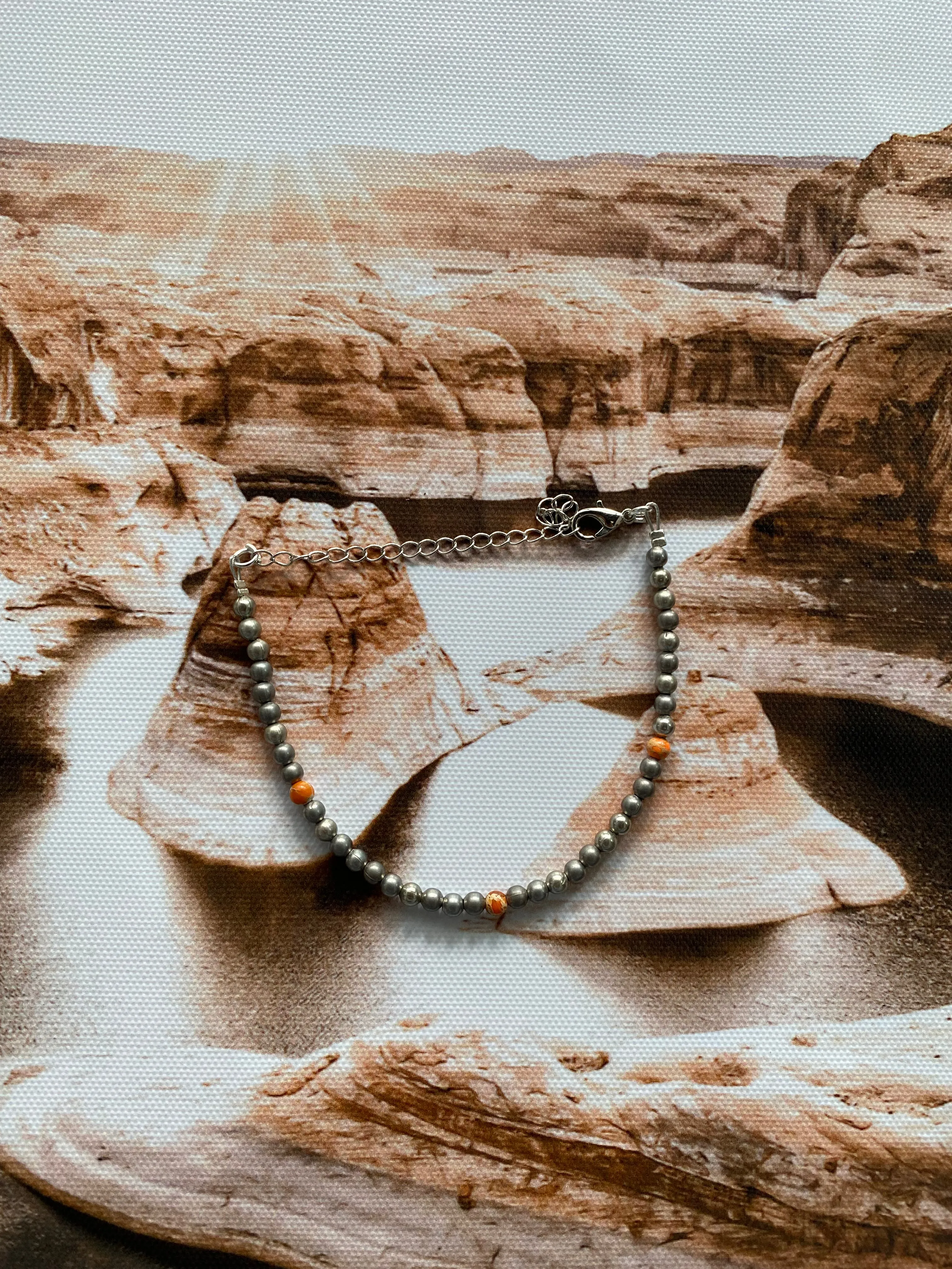 4MM Silver Plated Pearl Bracelet with Orange