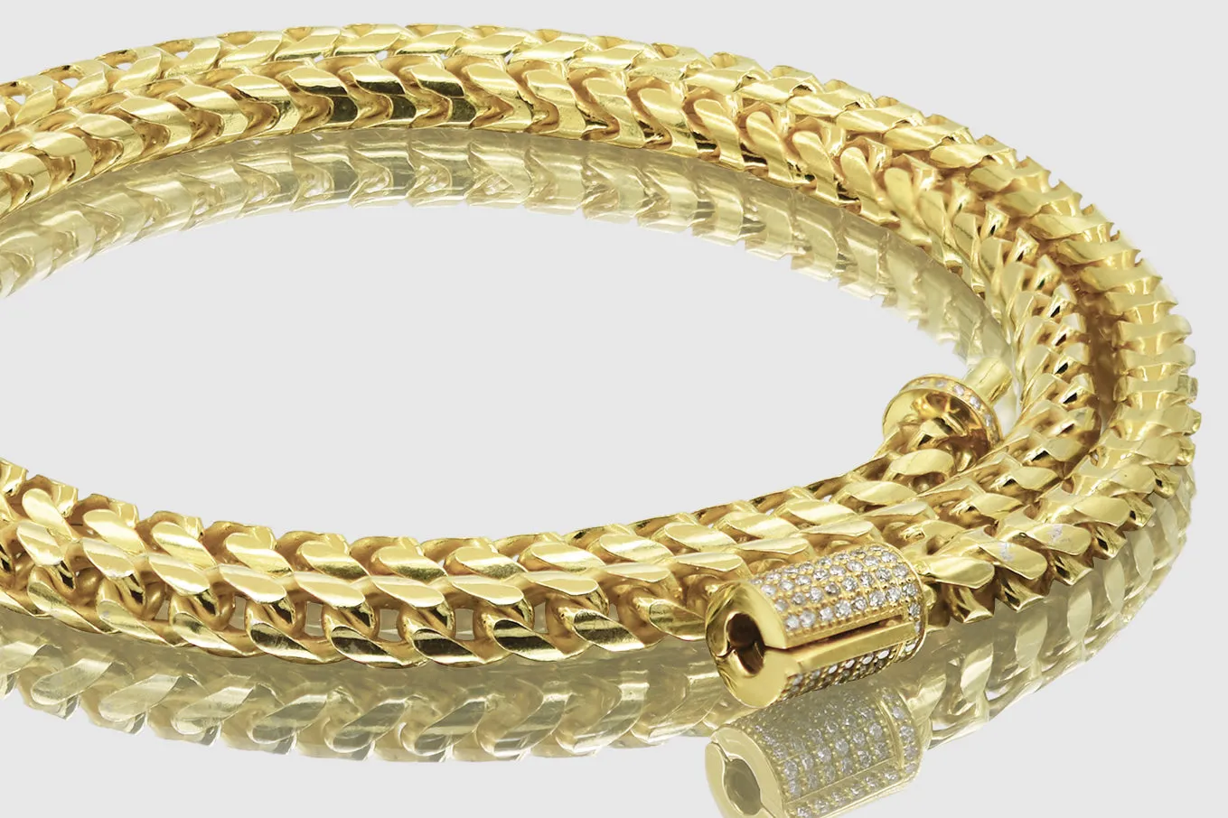 5mm Round Franco Diamond Cut Solid Gold Diamond Lock Necklace