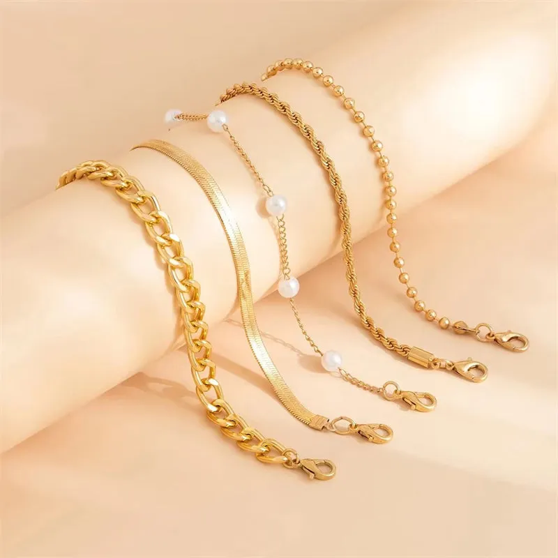 5Pcs/Set Female Pearl Mini Bead Metal Chain Bracelets