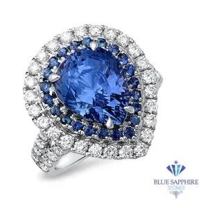 6.08ct Pear Shaped Blue Sapphire Ring with Sapphire and Diamond halo in 18K White Gold