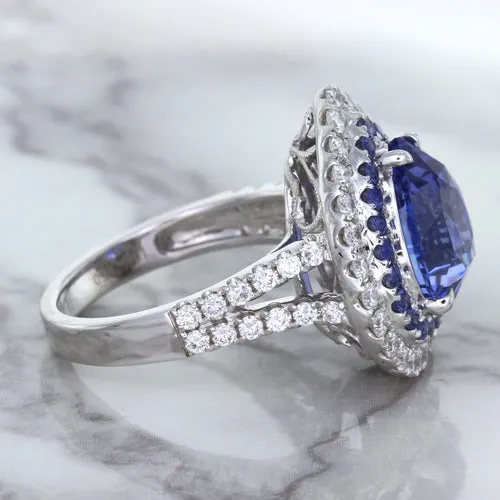 6.08ct Pear Shaped Blue Sapphire Ring with Sapphire and Diamond halo in 18K White Gold