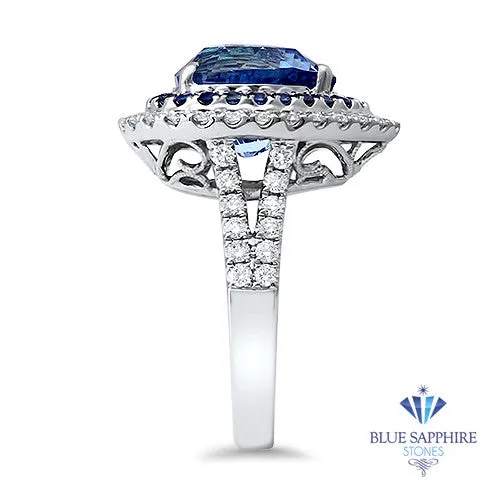 6.08ct Pear Shaped Blue Sapphire Ring with Sapphire and Diamond halo in 18K White Gold