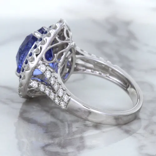 6.08ct Pear Shaped Blue Sapphire Ring with Sapphire and Diamond halo in 18K White Gold