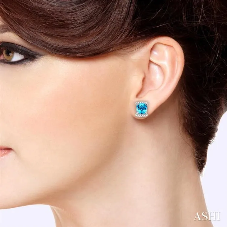 6x6 MM Cushion Shape Blue Topaz and 1/10 ctw Round Cut Diamond Earrings in 14K White Gold