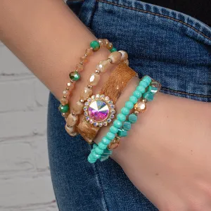 74738 - Leopard and Crystal Beaded Stacked Bracelet - Turquoise