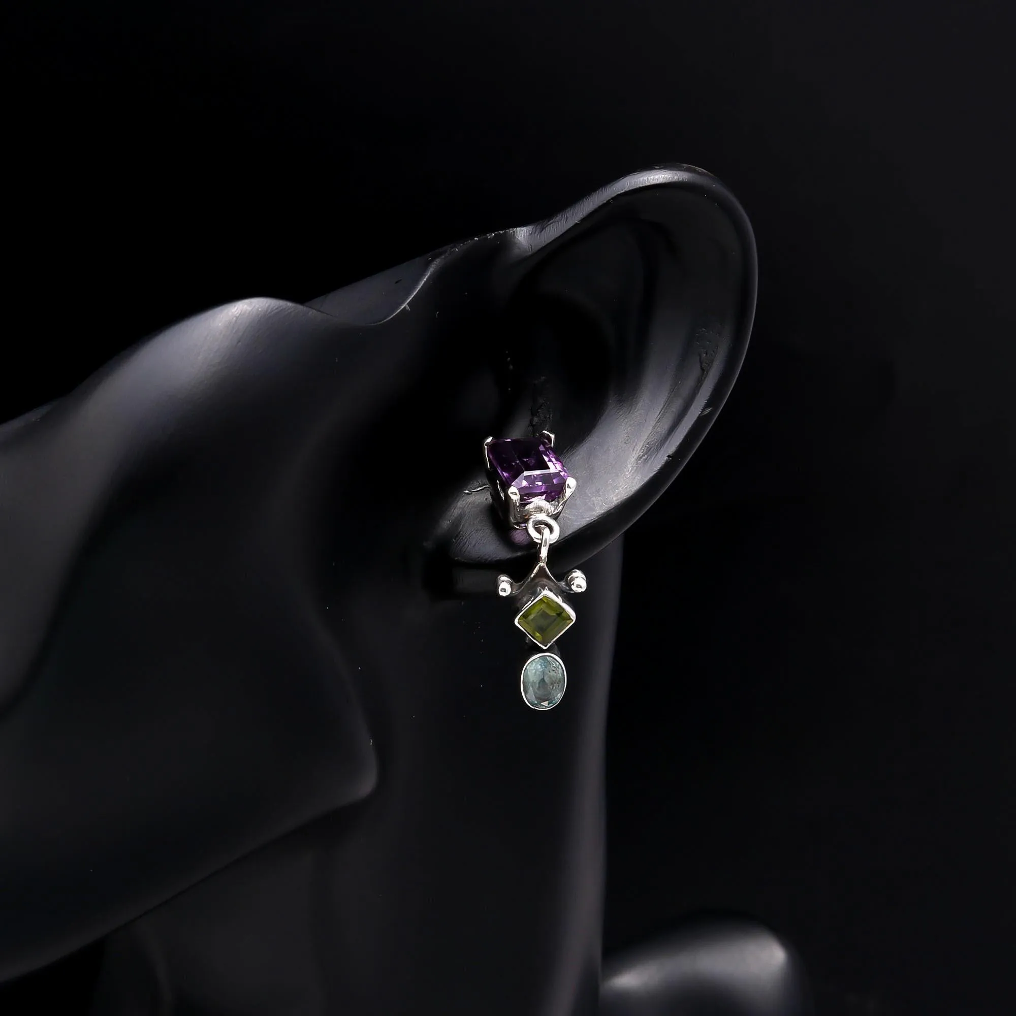 925 Sterling Silver Amethyst, Peridot & Blue Topaz Studs Earrings
