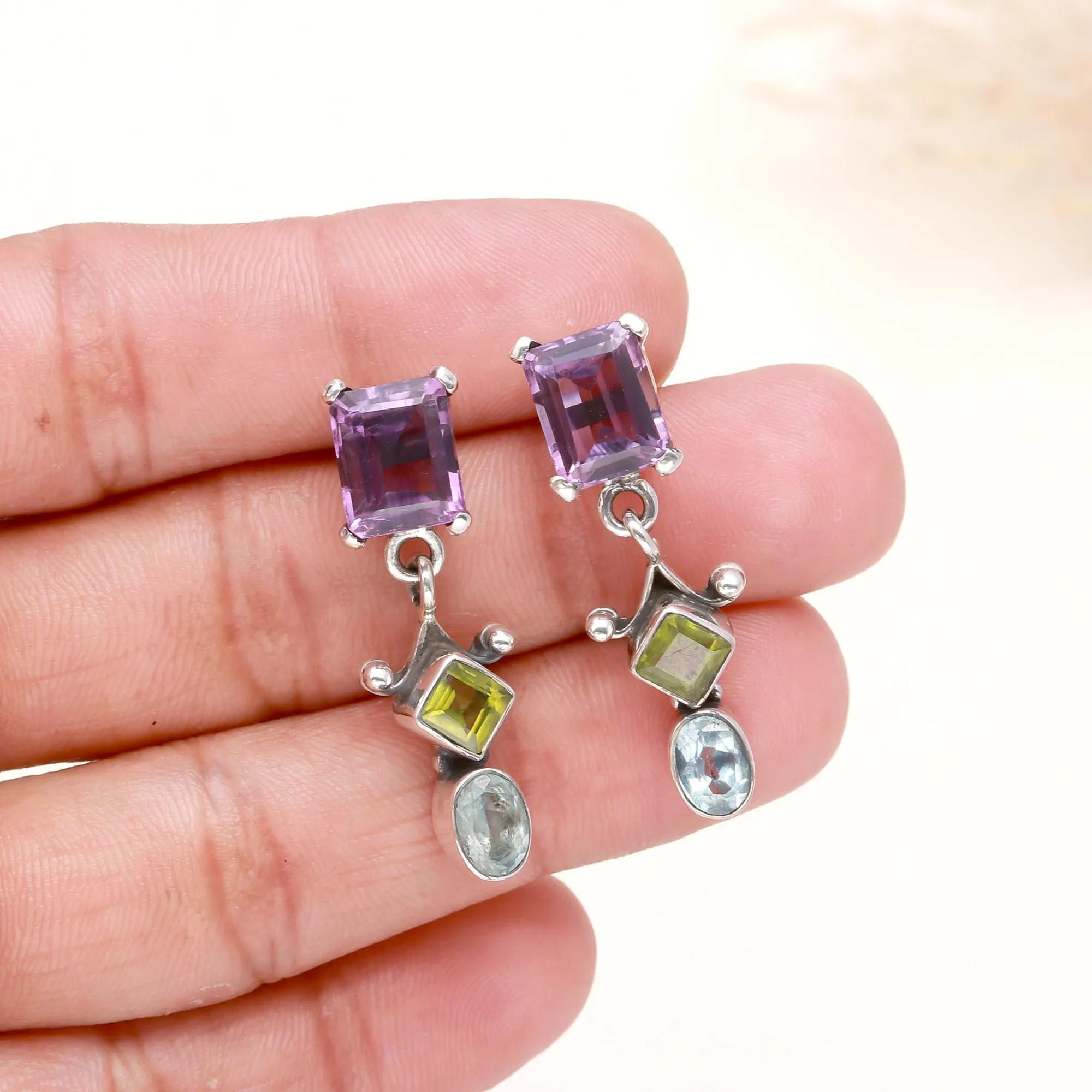 925 Sterling Silver Amethyst, Peridot & Blue Topaz Studs Earrings