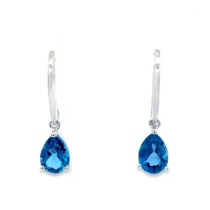 9ct White Gold Pear Cut London Blue Topaz Shepherd Hook Earrings
