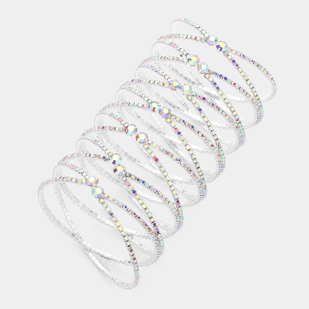 AB Round Stone Long Crisscross Cuff Pageant Bracelet on Silver |  590659