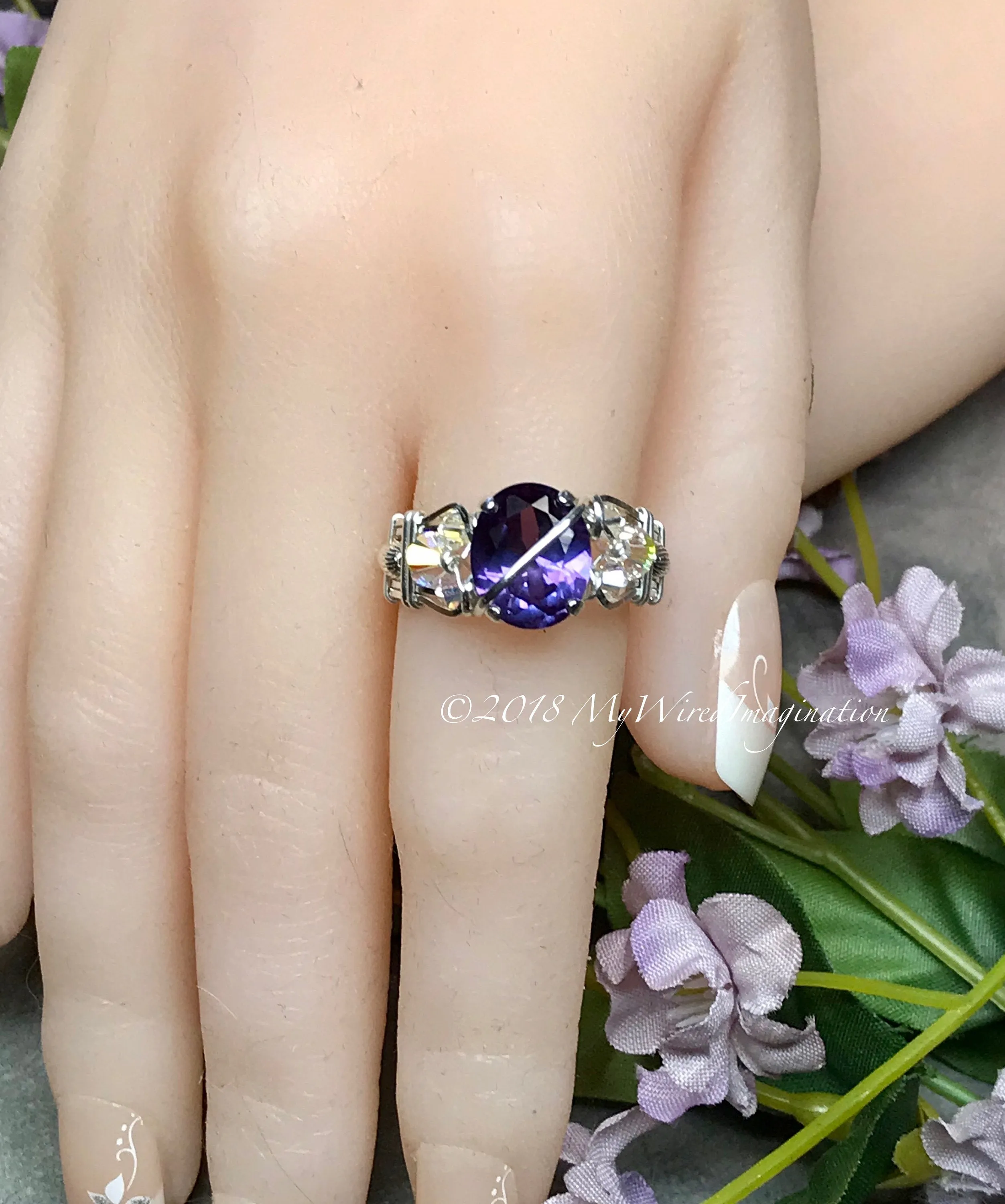 Alexandrite and Crystal Ring, Lab Created Color Change Gemstone, Made to Order Ring