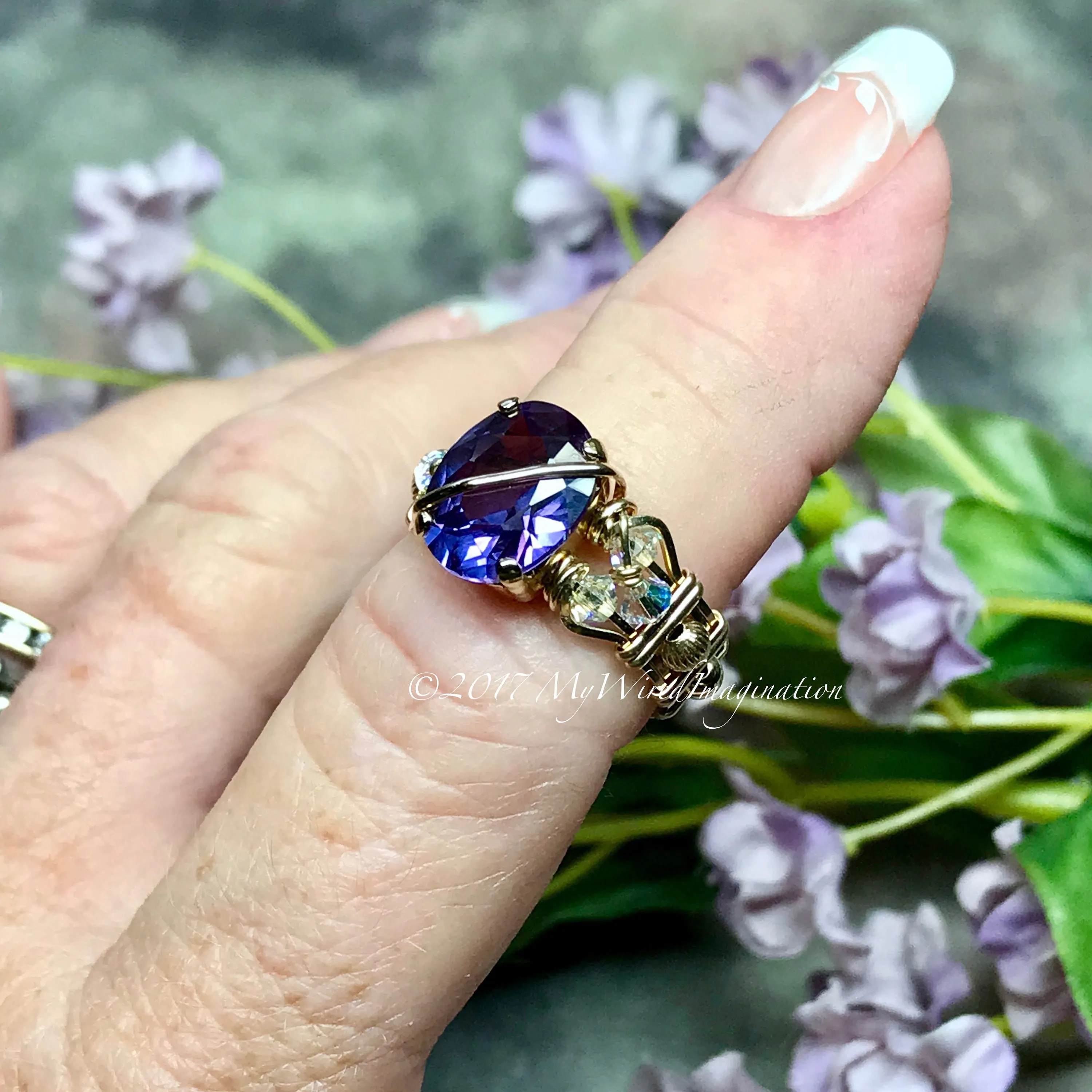 Alexandrite and Crystal Ring, Lab Created Color Change Gemstone, Made to Order Ring