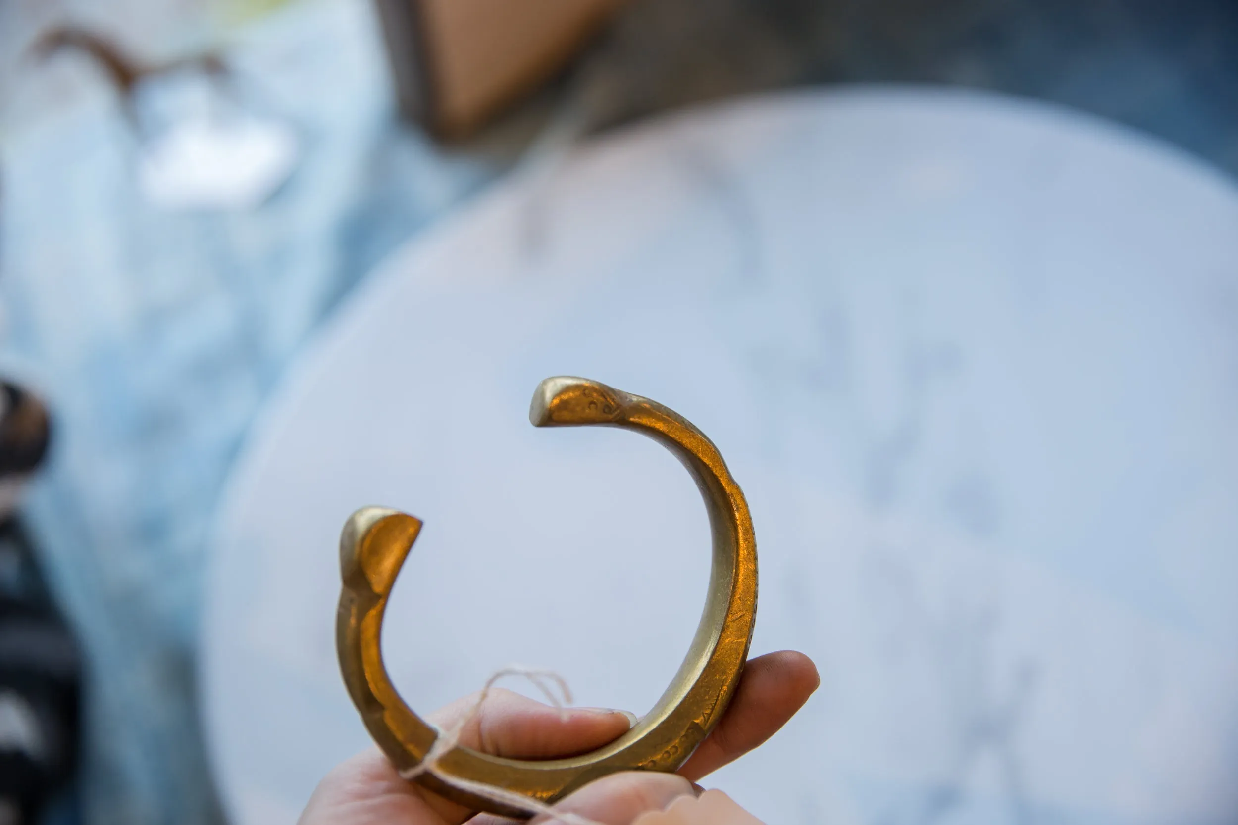 Antique African Bronze Snake Cuff Bracelet with Golden Patina