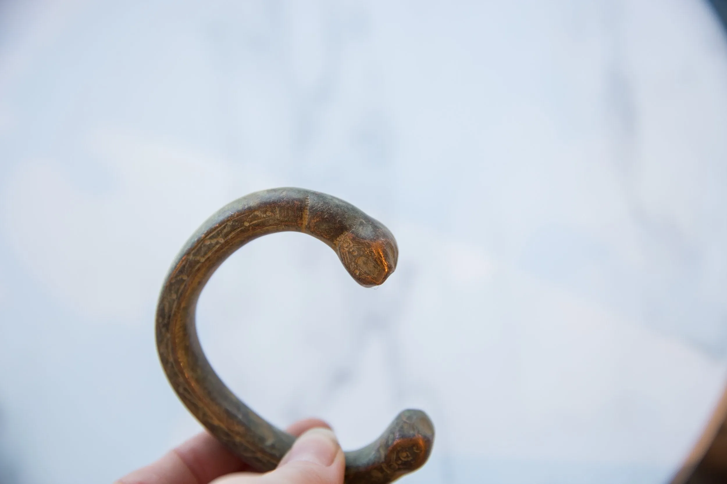Antique African Dark Copper Alloy Snake Cuff Bracelet