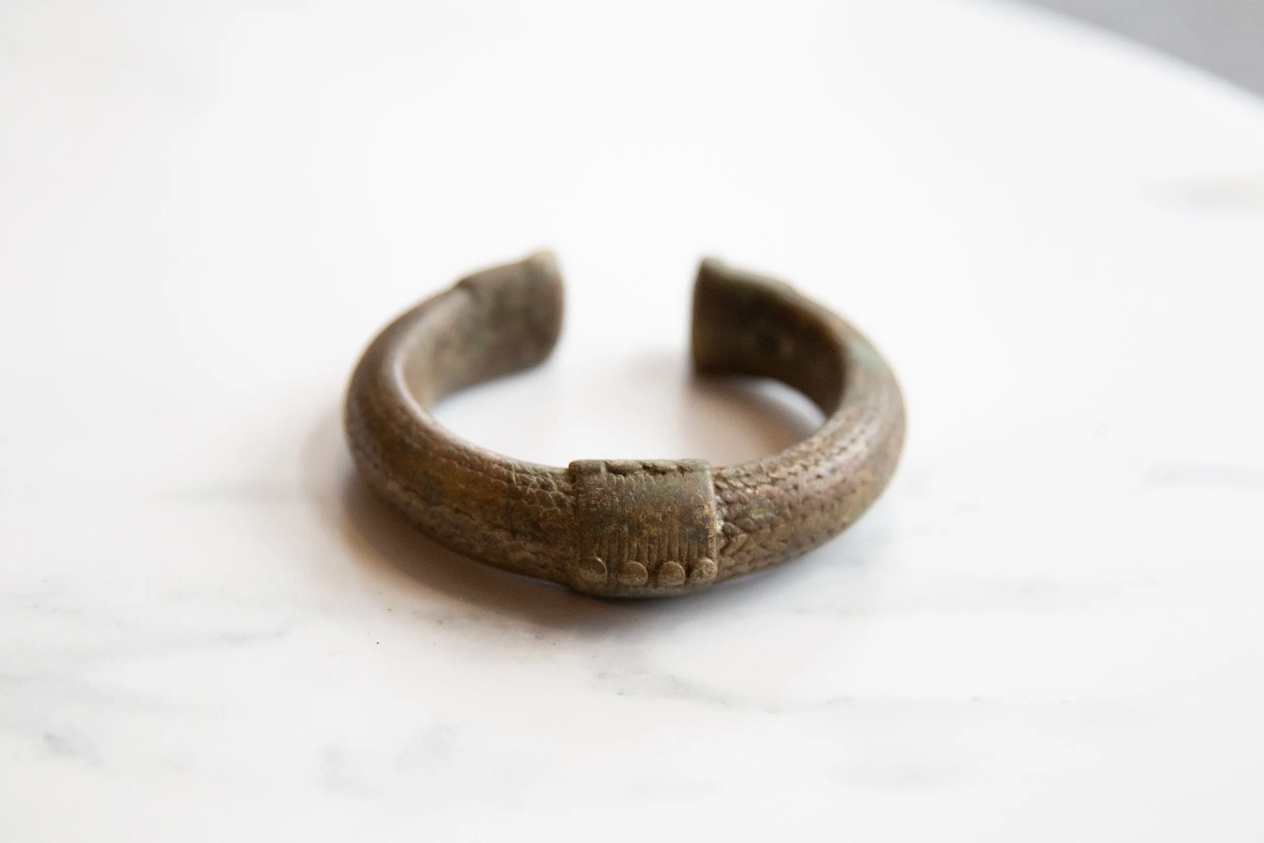 Antique African Oxidized Bronze Alloy Cuff Bracelet with Geometric Detailing
