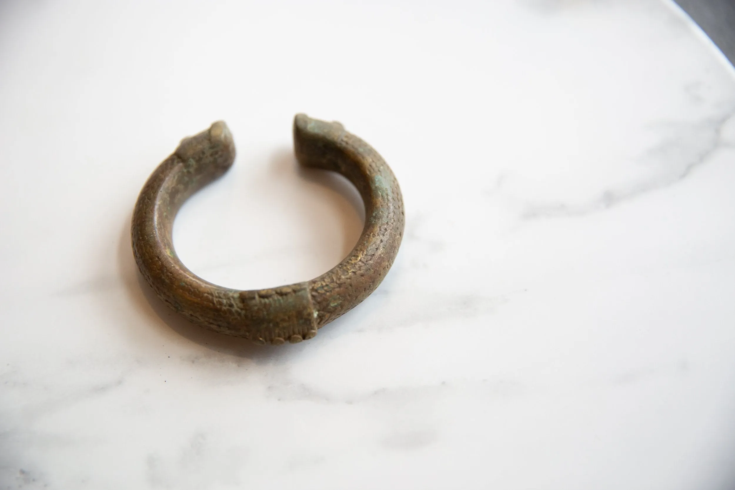 Antique African Oxidized Bronze Alloy Cuff Bracelet with Geometric Detailing