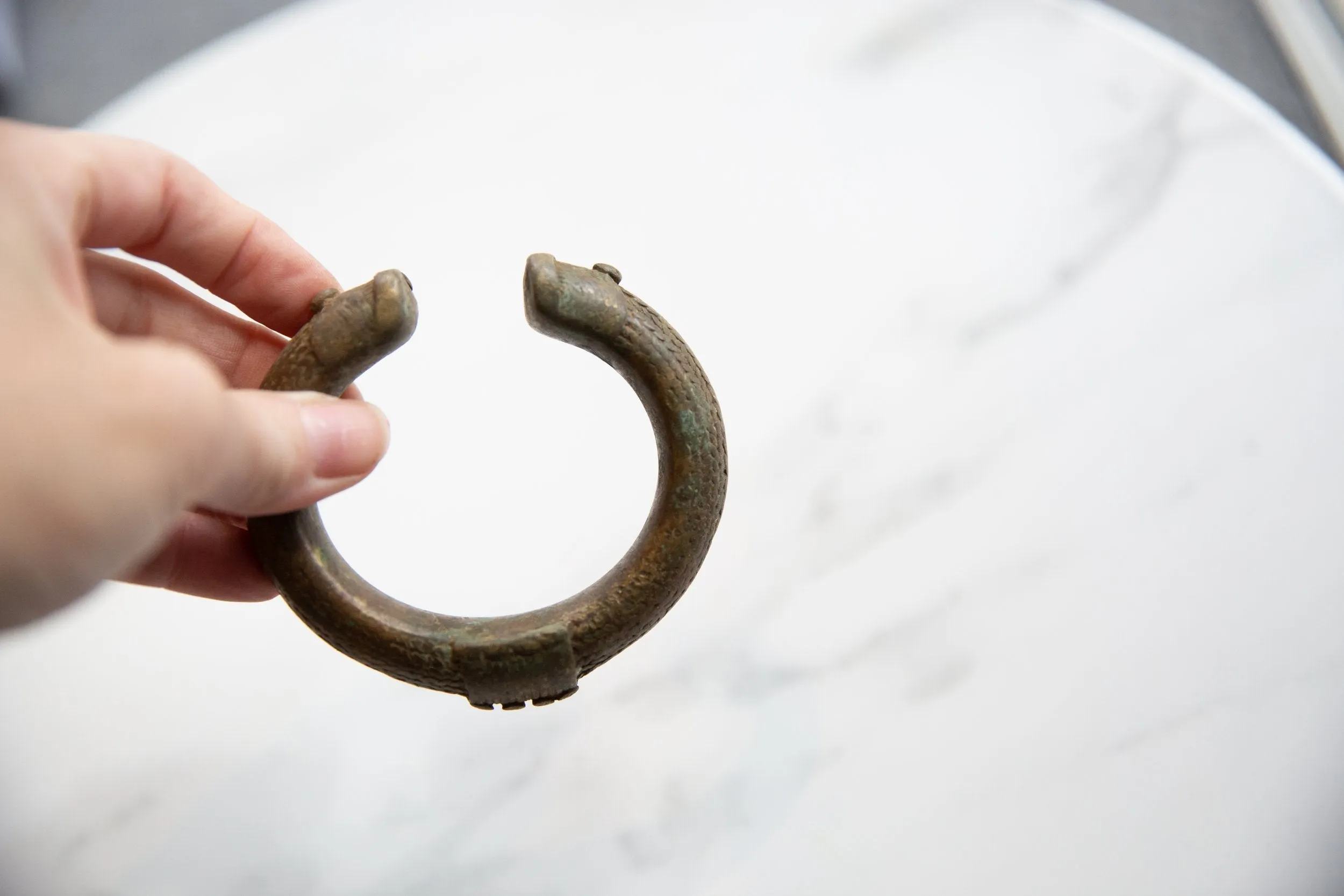 Antique African Oxidized Bronze Alloy Cuff Bracelet with Geometric Detailing