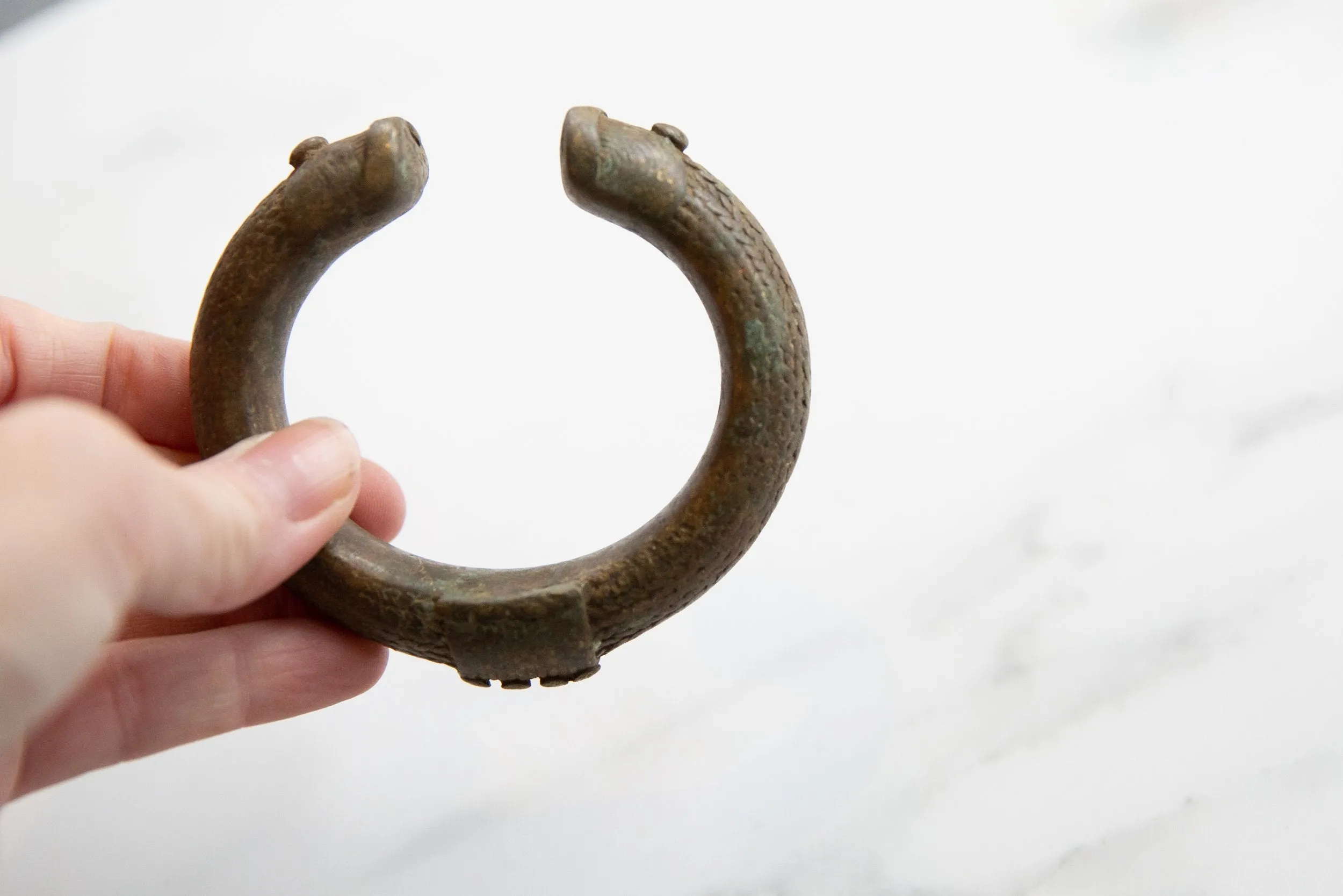 Antique African Oxidized Bronze Alloy Cuff Bracelet with Geometric Detailing