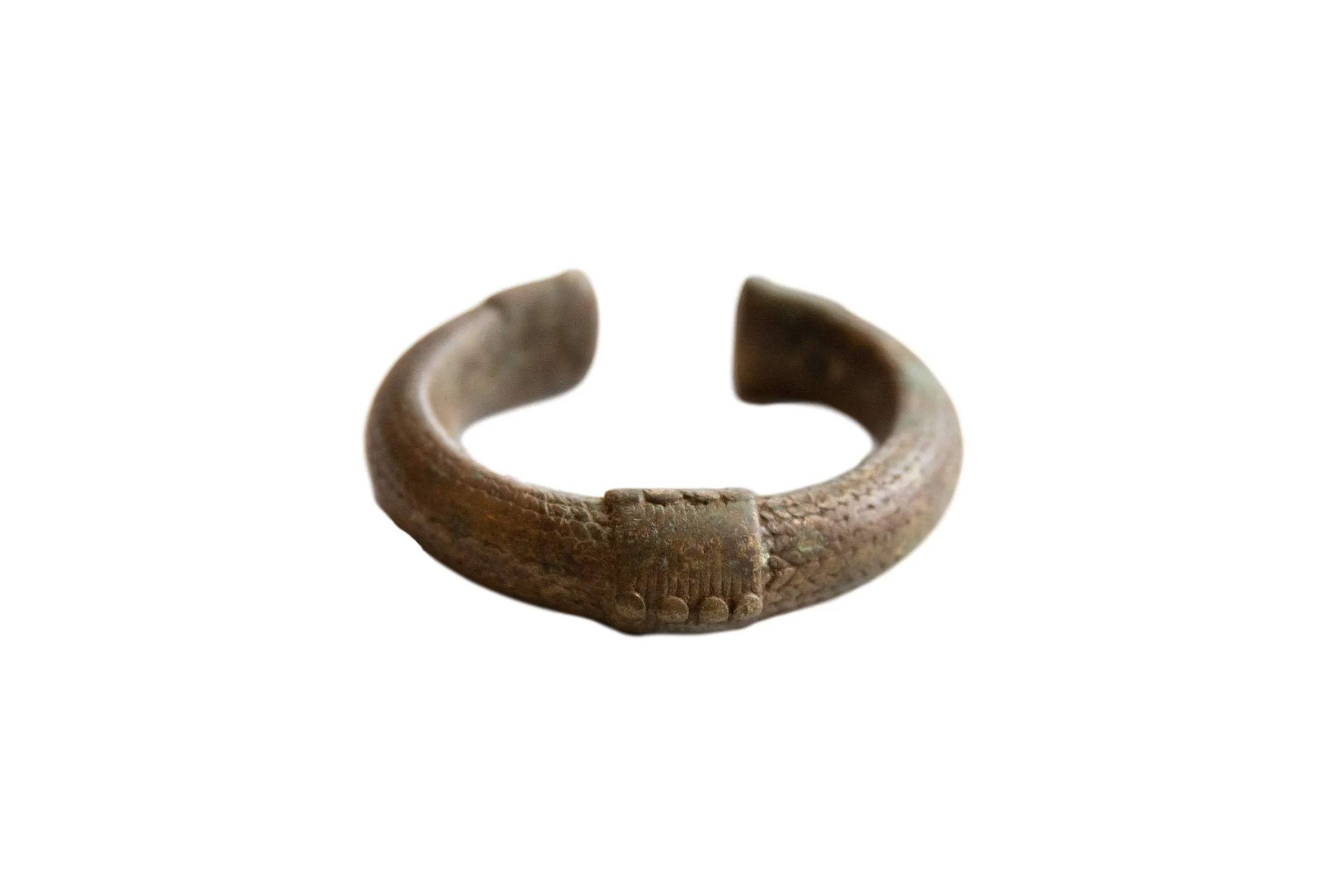 Antique African Oxidized Bronze Alloy Cuff Bracelet with Geometric Detailing