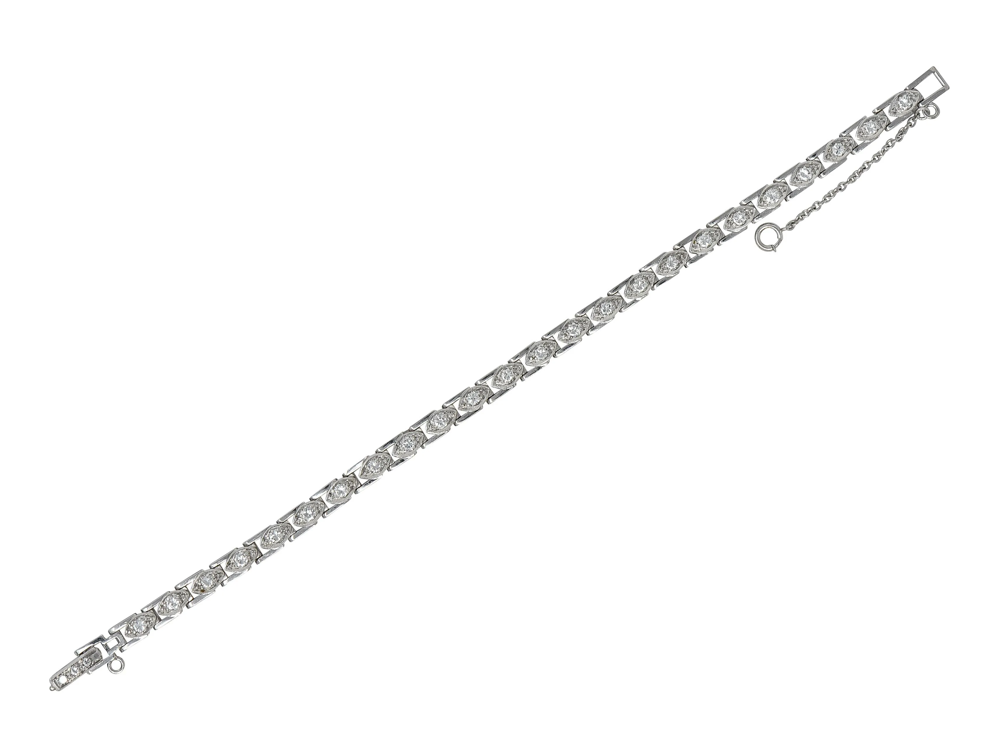 Art Deco 1.50 CTW Round Diamond Platinum Vintage Navette Line Bracelet