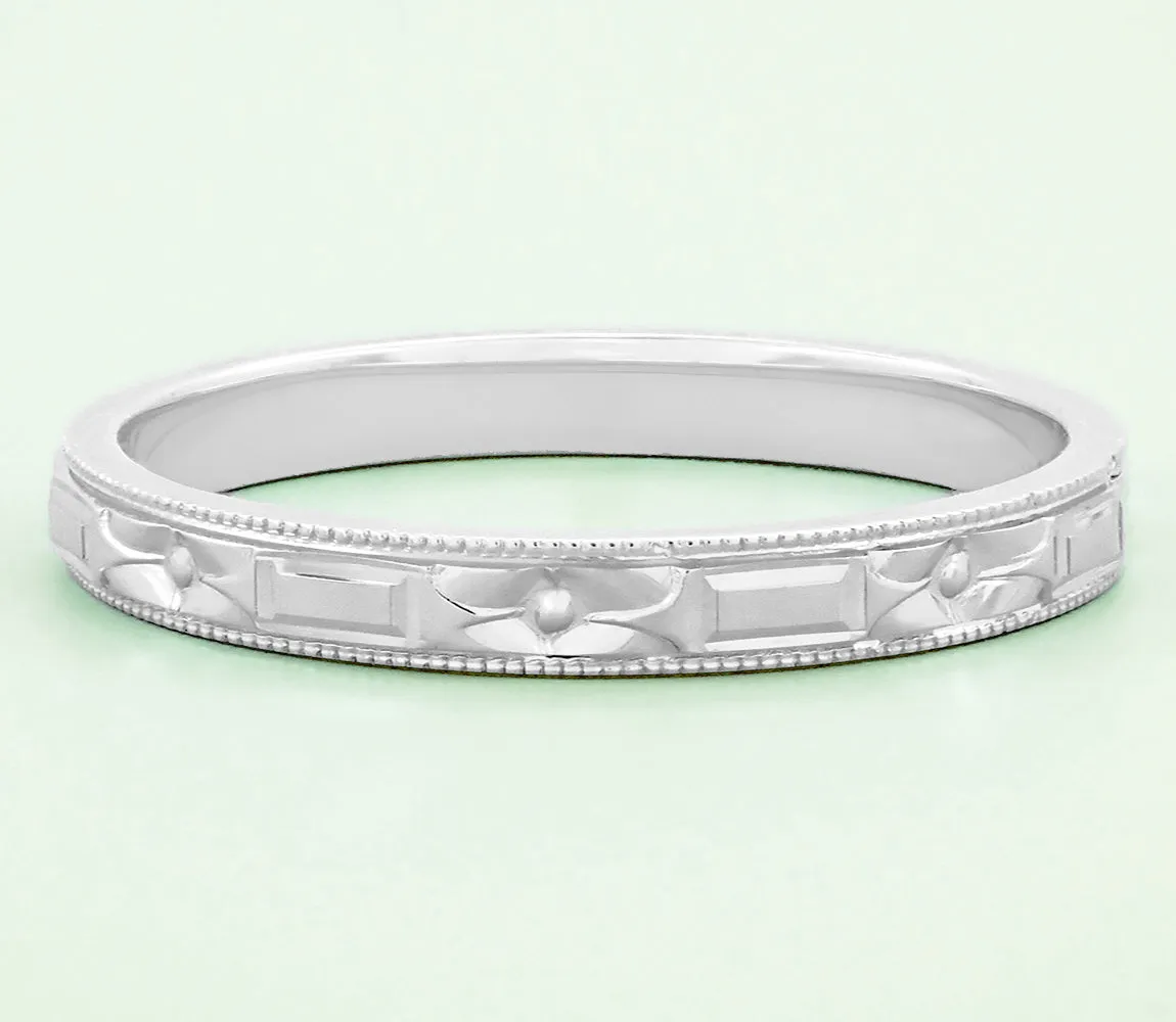 Art Deco Flowers and Bars Wedding Ring in White Gold