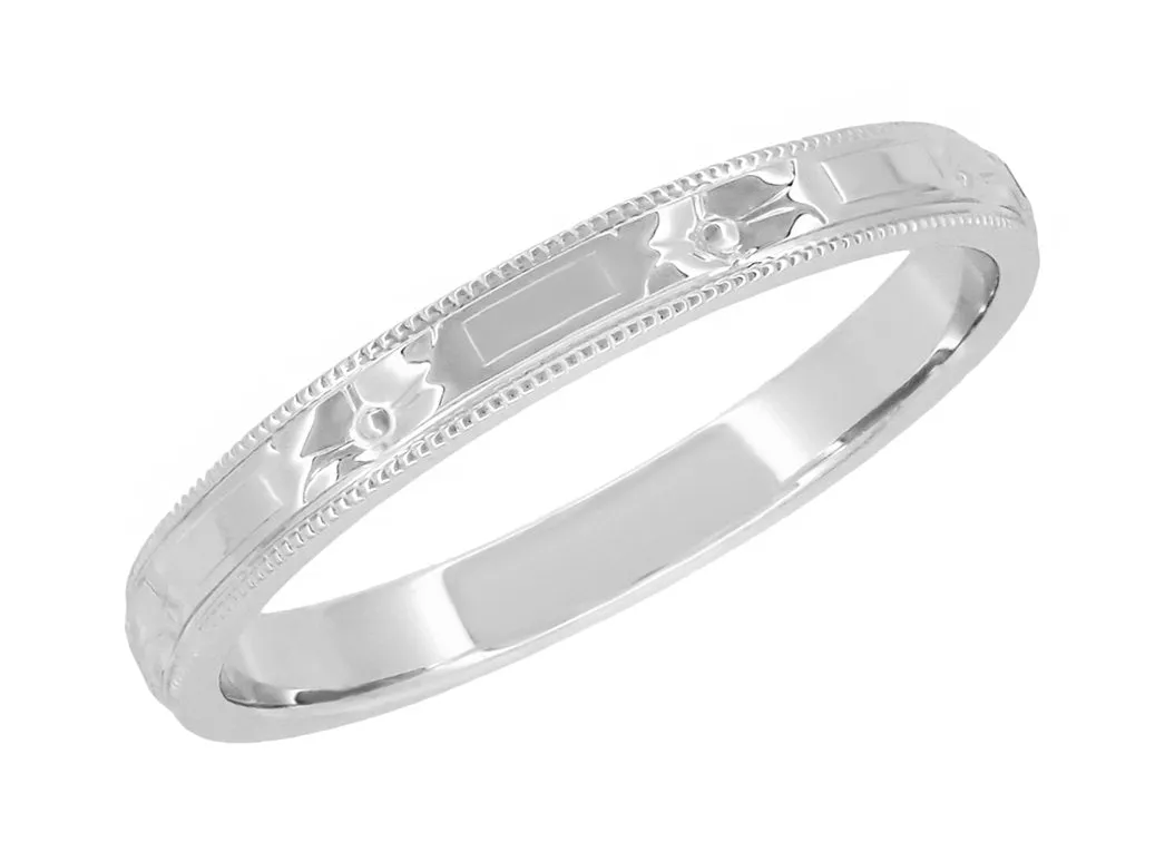 Art Deco Flowers and Bars Wedding Ring in White Gold