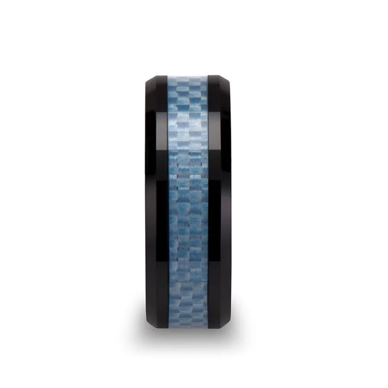 AZIEL | Black Ceramic Ring, Blue Carbon Fiber Inlay, Beveled