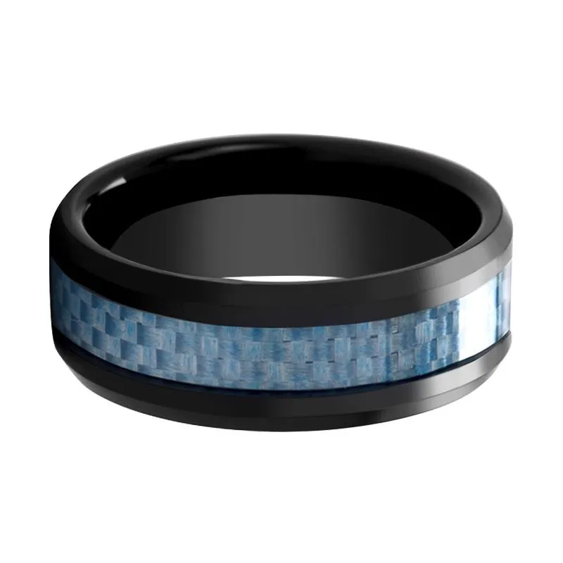 AZIEL | Black Ceramic Ring, Blue Carbon Fiber Inlay, Beveled