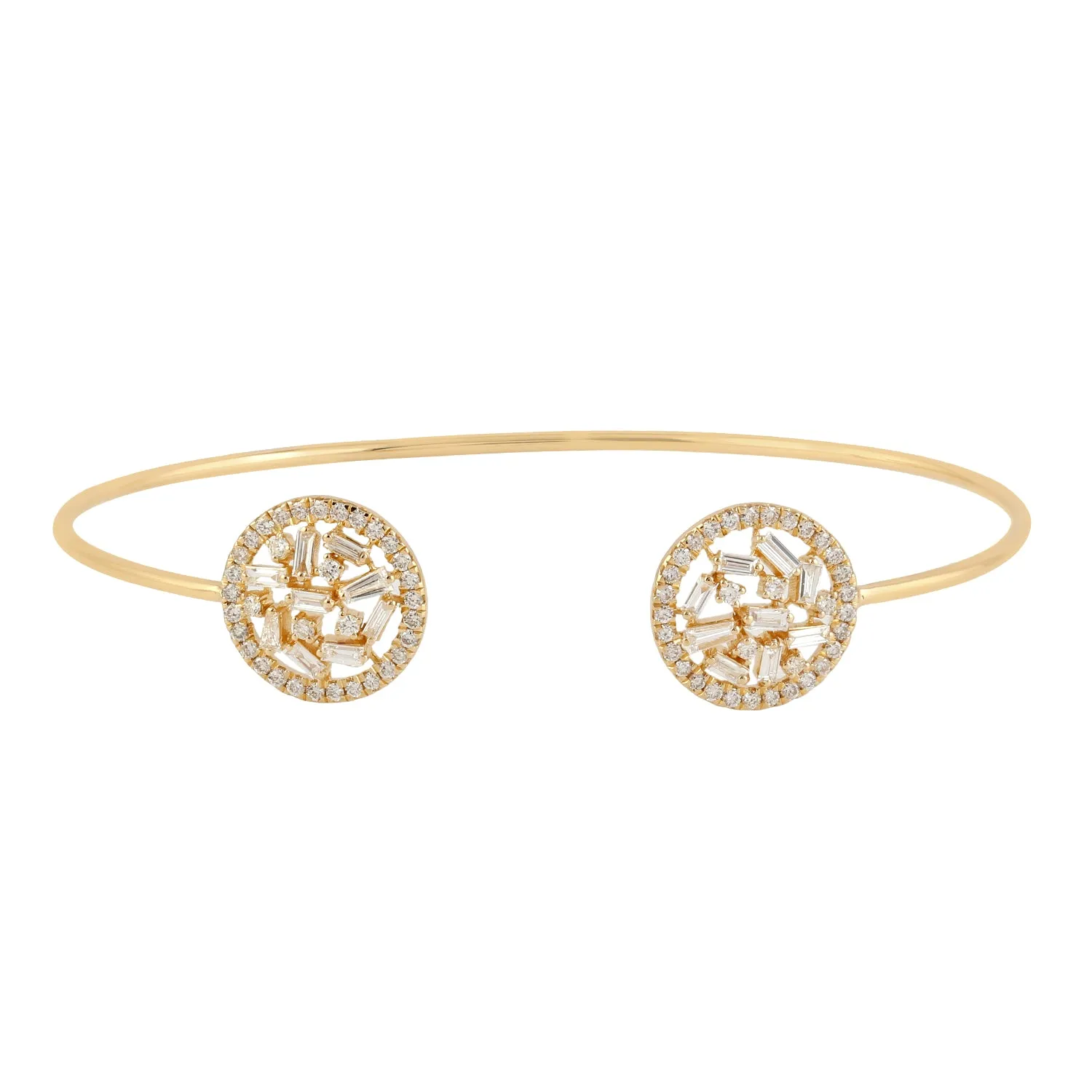 Baguette Cut Diamond Cluster Design Open Cuff Bracelet In 18k Yellow Gold