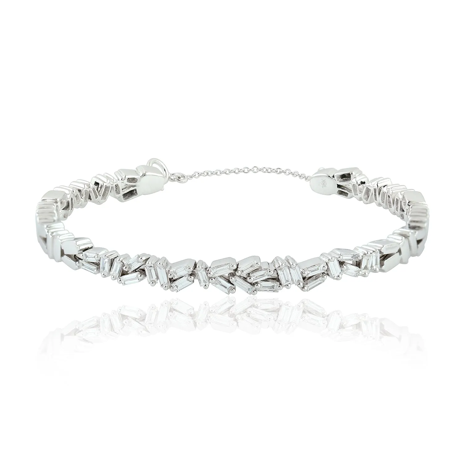 Baguette Cut Natural Diamond Chain Cuff Bracelet In 18k White Gold