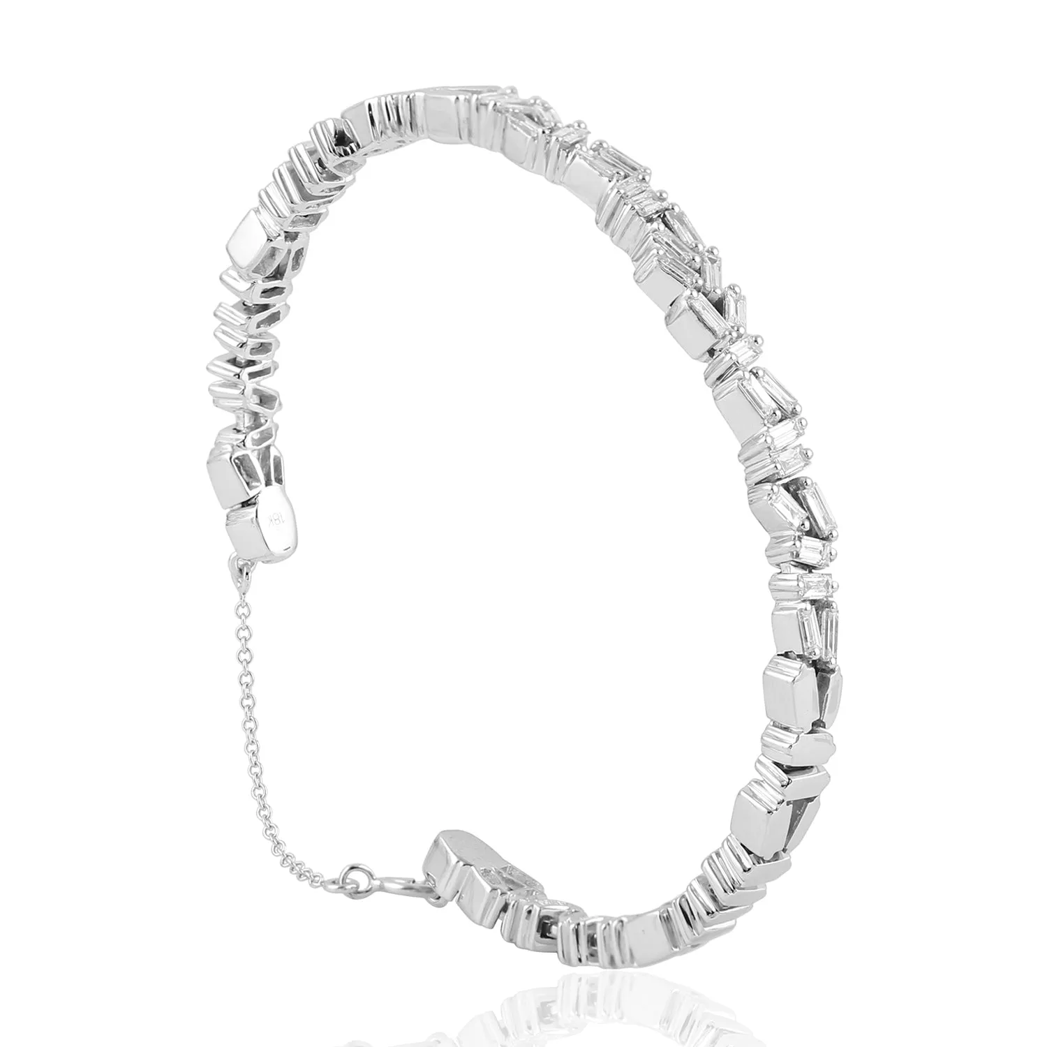 Baguette Cut Natural Diamond Chain Cuff Bracelet In 18k White Gold