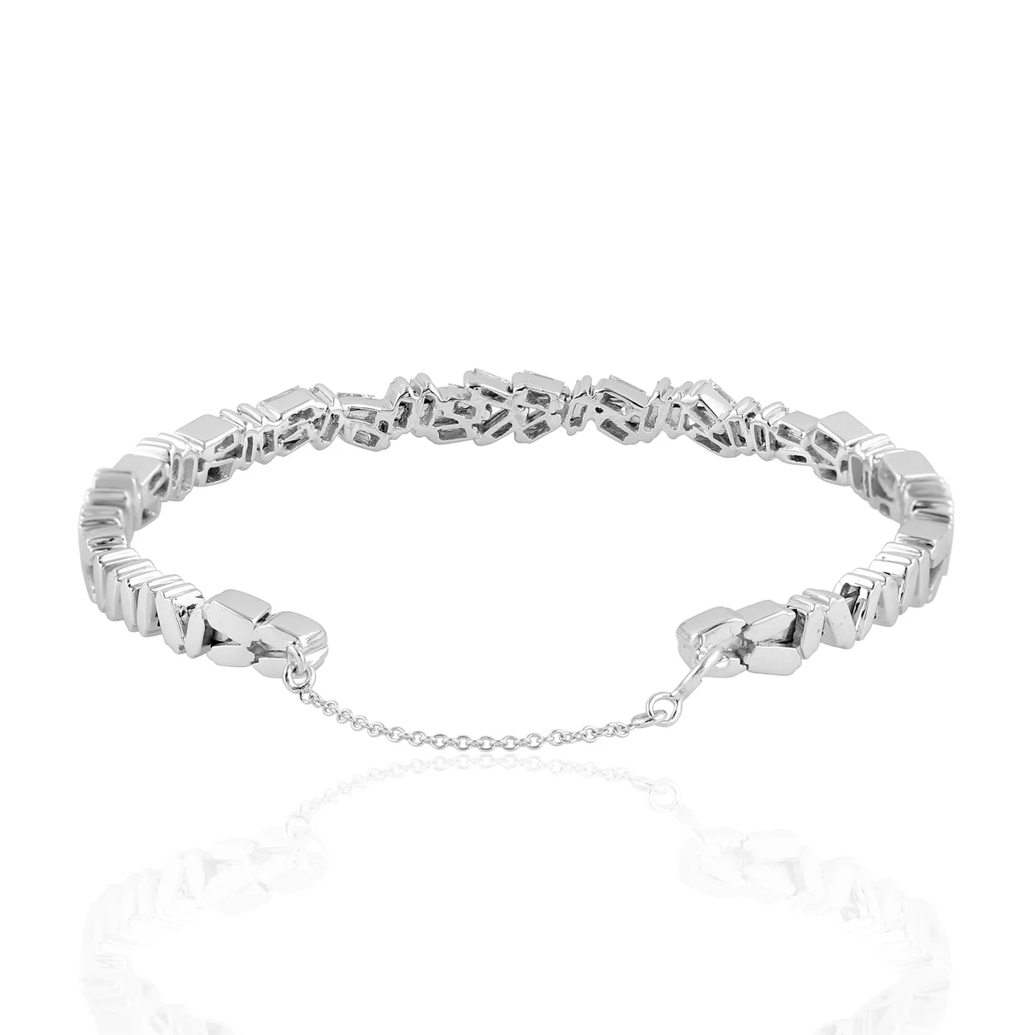 Baguette Cut Natural Diamond Chain Cuff Bracelet In 18k White Gold