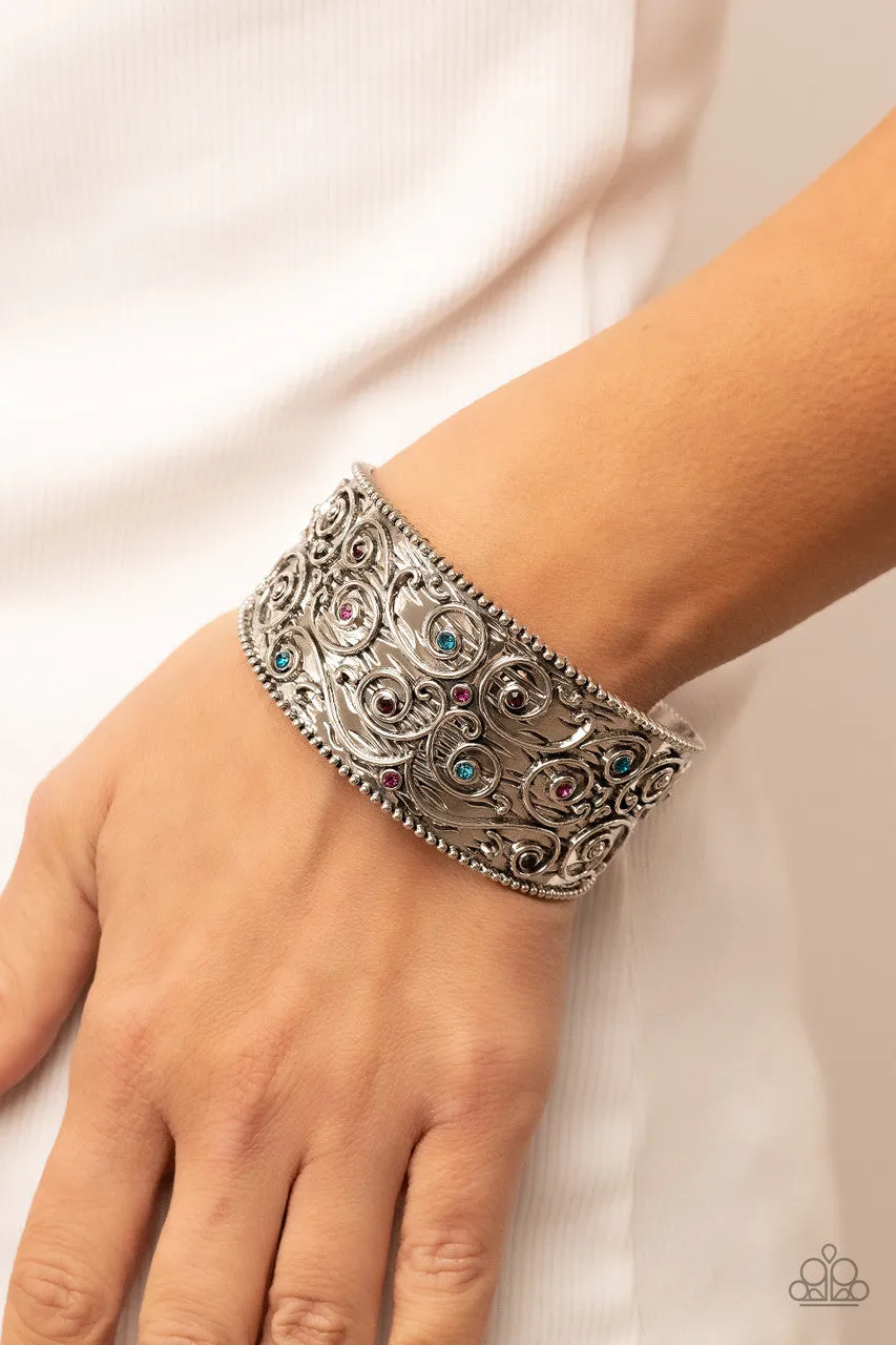 Billowy Beam - Multi - Colorful Rhinestone Silver Paparazzi Cuff Bracelet