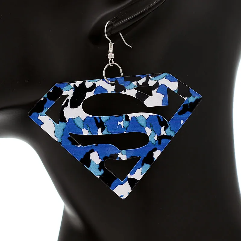 Blue Camo Superman Diamond Shaped Metal Earrings