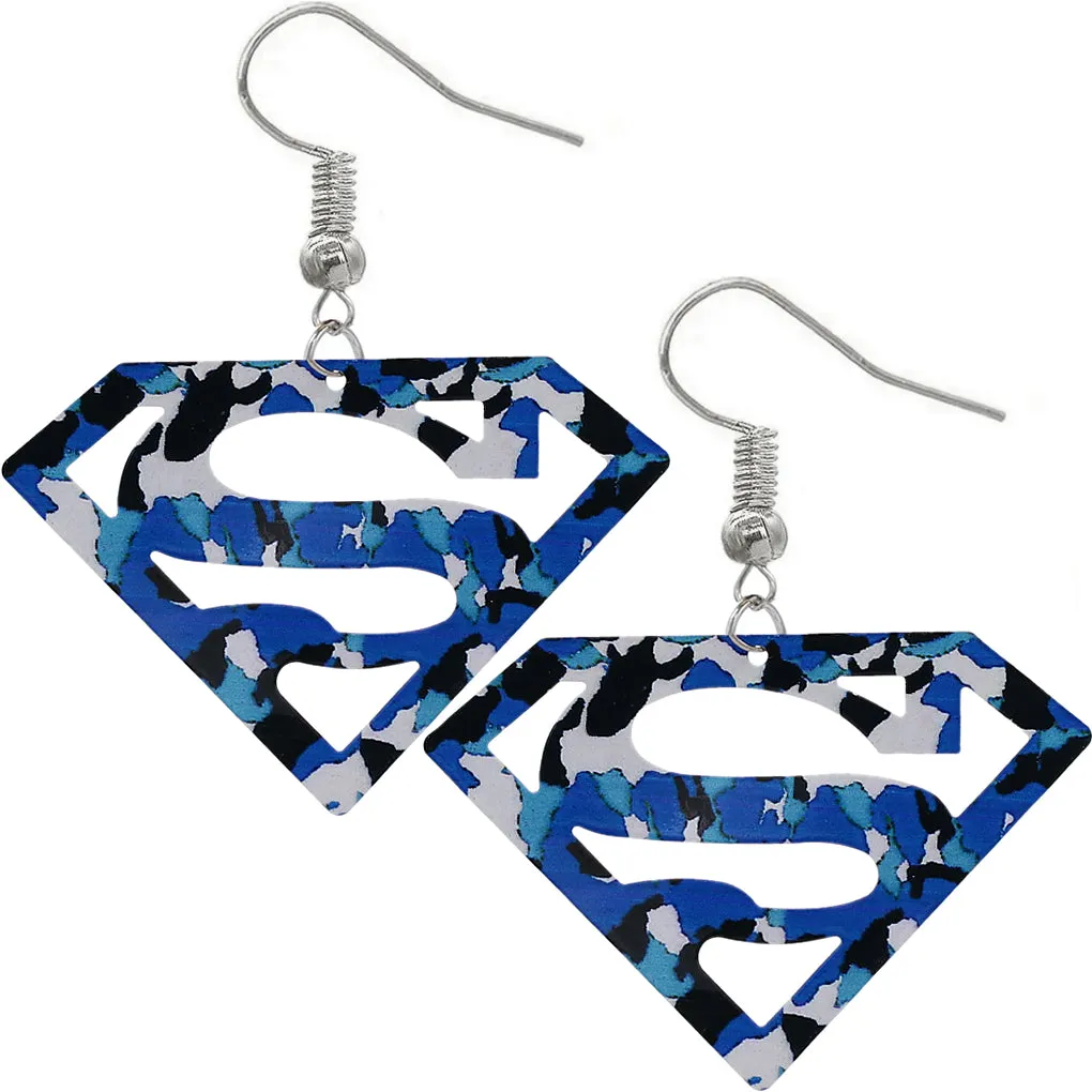 Blue Camo Superman Diamond Shaped Metal Earrings