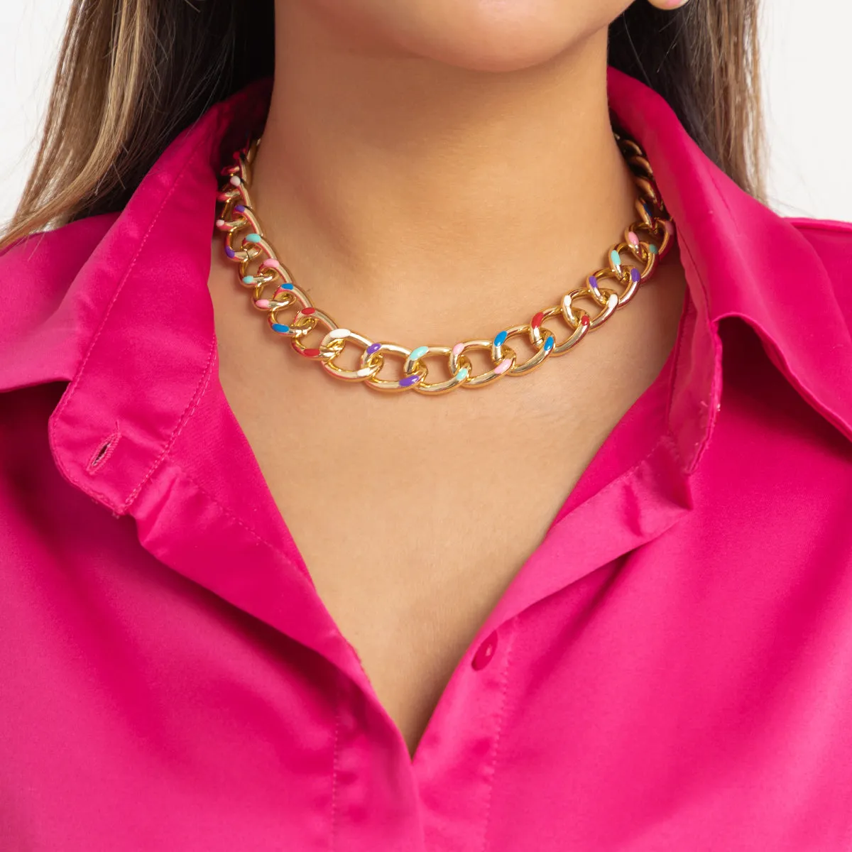 Blue Enamel & 18K Gold-Plated Multicolor Dot Curb Chain Necklace