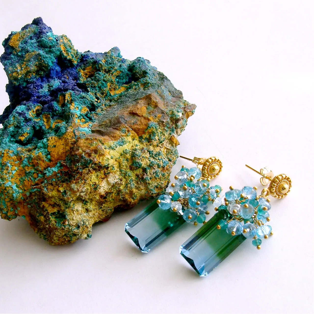 Blue Green Emerald Cut Ametrine Cluster Earrings - Bella IV Earrings