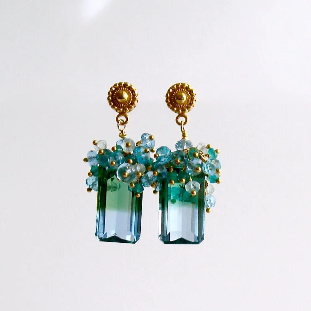 Blue Green Emerald Cut Ametrine Cluster Earrings - Bella IV Earrings