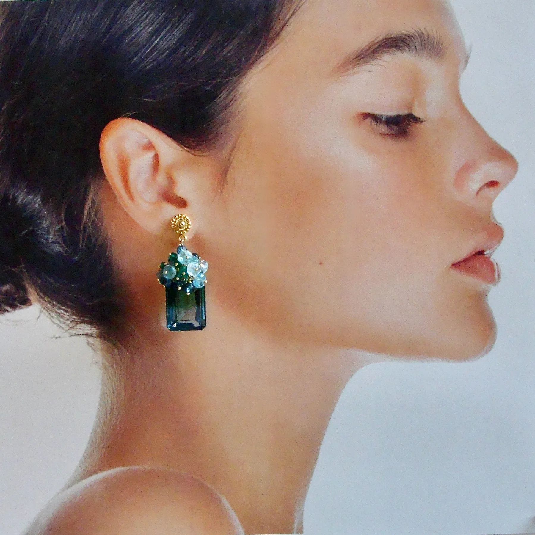 Blue Green Emerald Cut Ametrine Cluster Earrings - Bella IV Earrings
