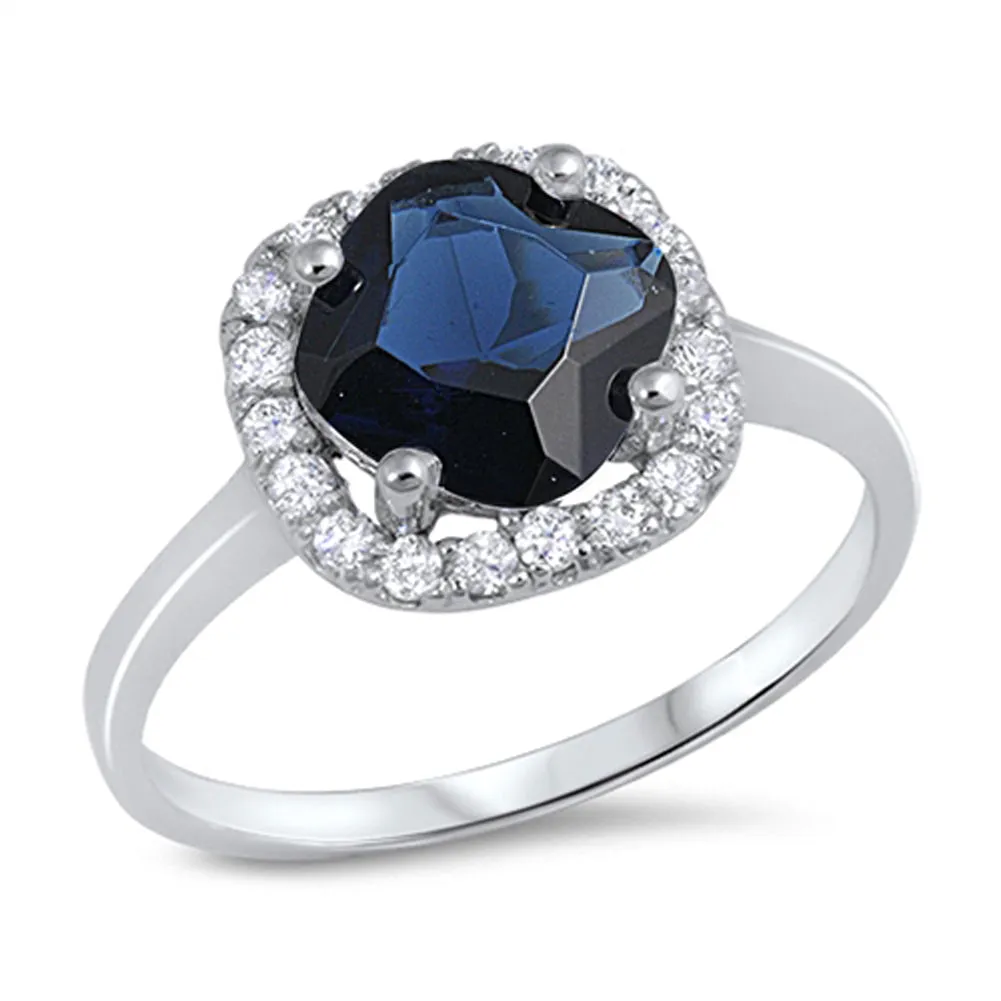 Blue Sapphire CZ Polished Halo Elegant Ring .925 Sterling Silver Band Sizes 5-10