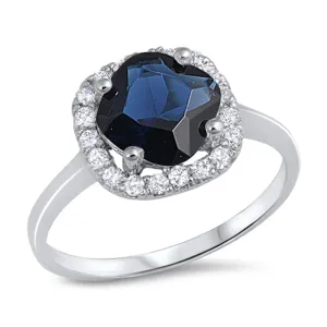 Blue Sapphire CZ Polished Halo Elegant Ring .925 Sterling Silver Band Sizes 5-10
