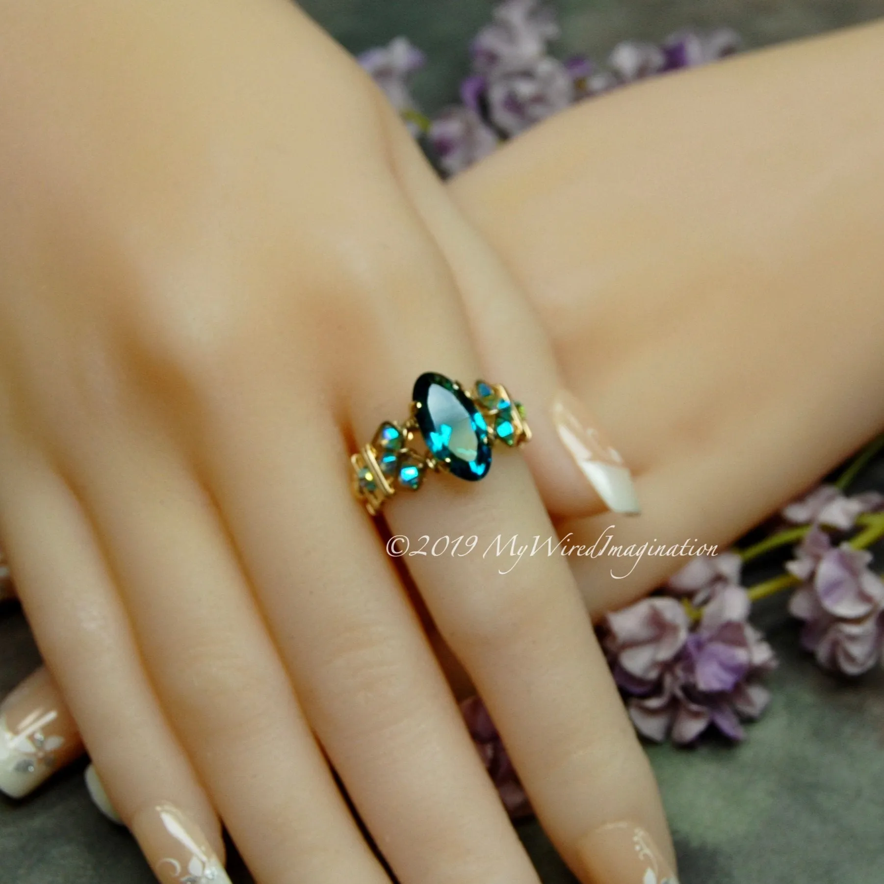Blue Zircon, Vintage Swarovski Crystal, Rare Rounded Marquise Shaped Stone, Handmade Ring, GF US Size 7.25