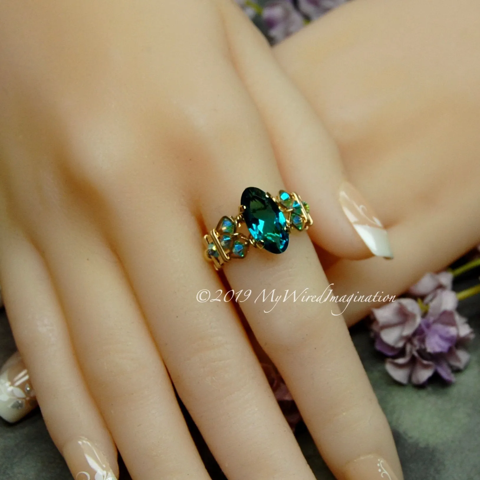 Blue Zircon, Vintage Swarovski Crystal, Rare Rounded Marquise Shaped Stone, Handmade Ring, GF US Size 7.25