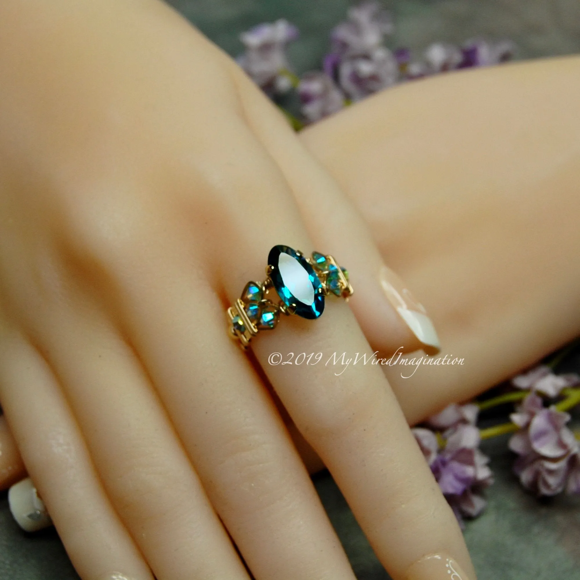 Blue Zircon, Vintage Swarovski Crystal, Rare Rounded Marquise Shaped Stone, Handmade Ring, GF US Size 7.25