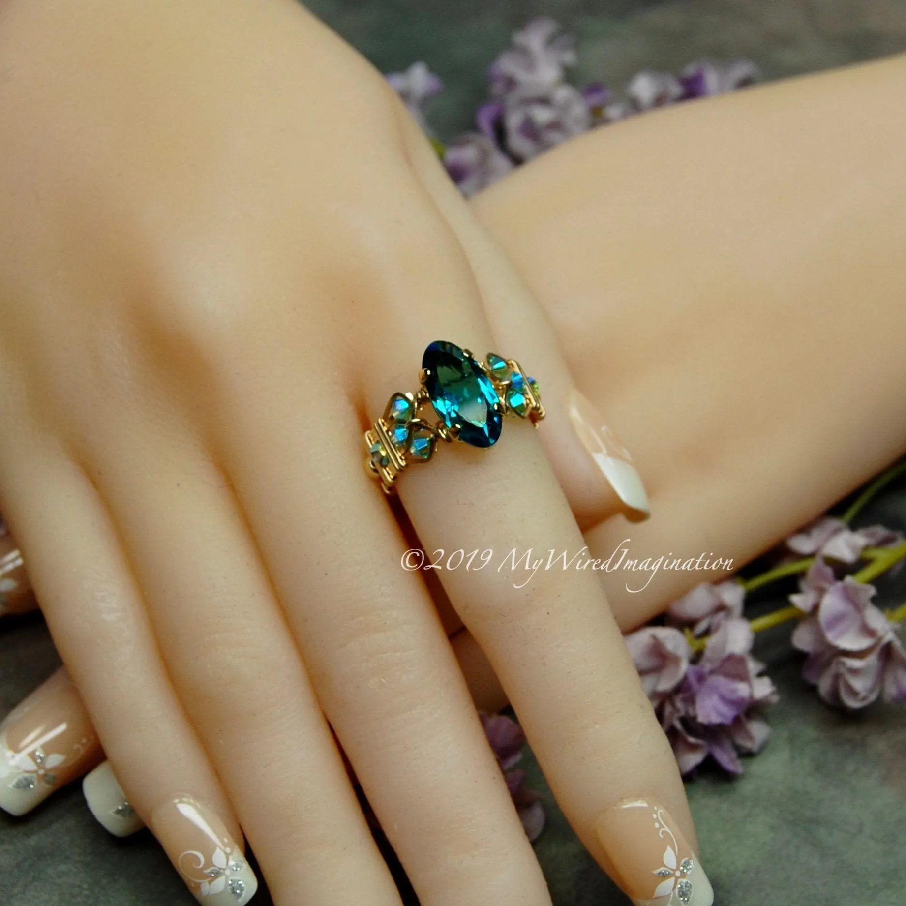 Blue Zircon, Vintage Swarovski Crystal, Rare Rounded Marquise Shaped Stone, Handmade Ring, GF US Size 7.25