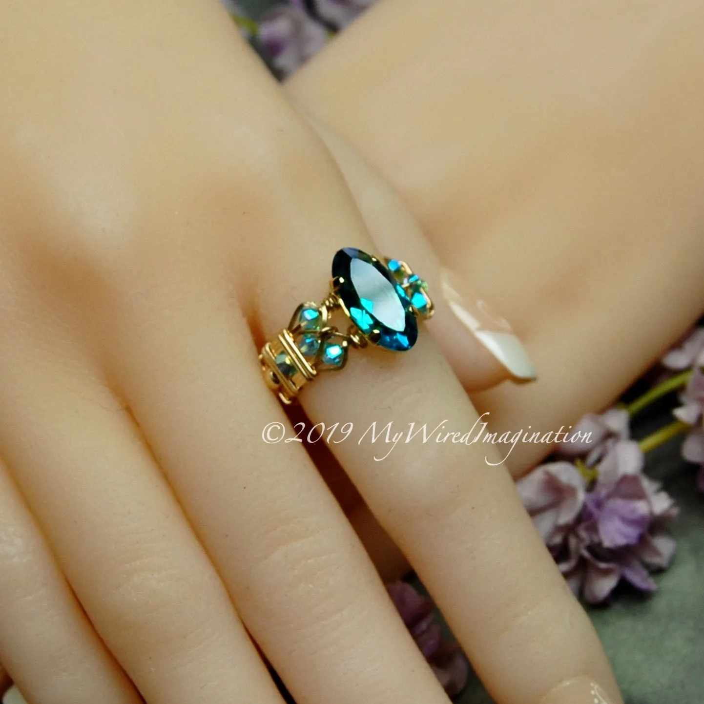 Blue Zircon, Vintage Swarovski Crystal, Rare Rounded Marquise Shaped Stone, Handmade Ring, GF US Size 7.25